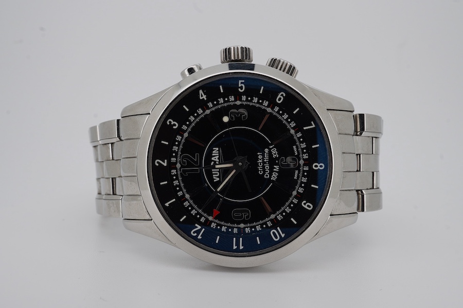 A gentleman's modern stainless steel Vulcain Cricket Dual Time automatic? wristwatch, on a stainless steel bracelet, case diameter 43mm, no box or papers. Condition - fair to good.